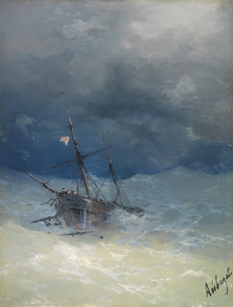 Ivan Konstantinowich Aivazovsky (Feodosia 1817-1900) Sinkendes Schiff, 1889, Öl auf Mahagoniplatte,  26,9 x 20,6 cm, erzielter Preis € 106.250 