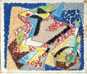 2 - Gino Severini (Cortona/Arezzo 1883-1966 Paris) Composizione con cesto di frutta e strumento musucale, 1965, Öl auf Holzpaneel, 18.8 x 23 cm, Schätzwert € 15.000 - 18.000