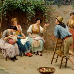 19th century painting of women gossipping in courtyard