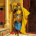 19th century painting of Nubian man guarding palace