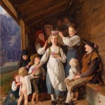 19th century painting of wreath-bearing virgin surrounded by children