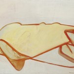 Contemporary art painting by Maria Lassnig of abstract shrouded shape, titled "Self Portrait as Automobile"