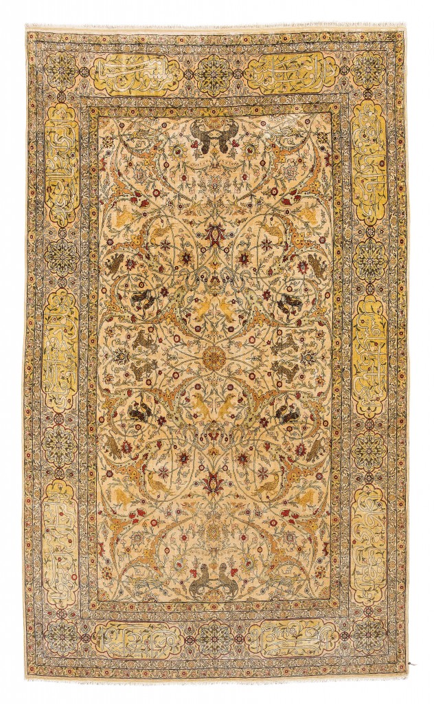 Oriental silk carpet from Hereke in northwestern Anatolia (present day Turkey). Produced in 1950 and signed by the workshop. Starting price €16,000.