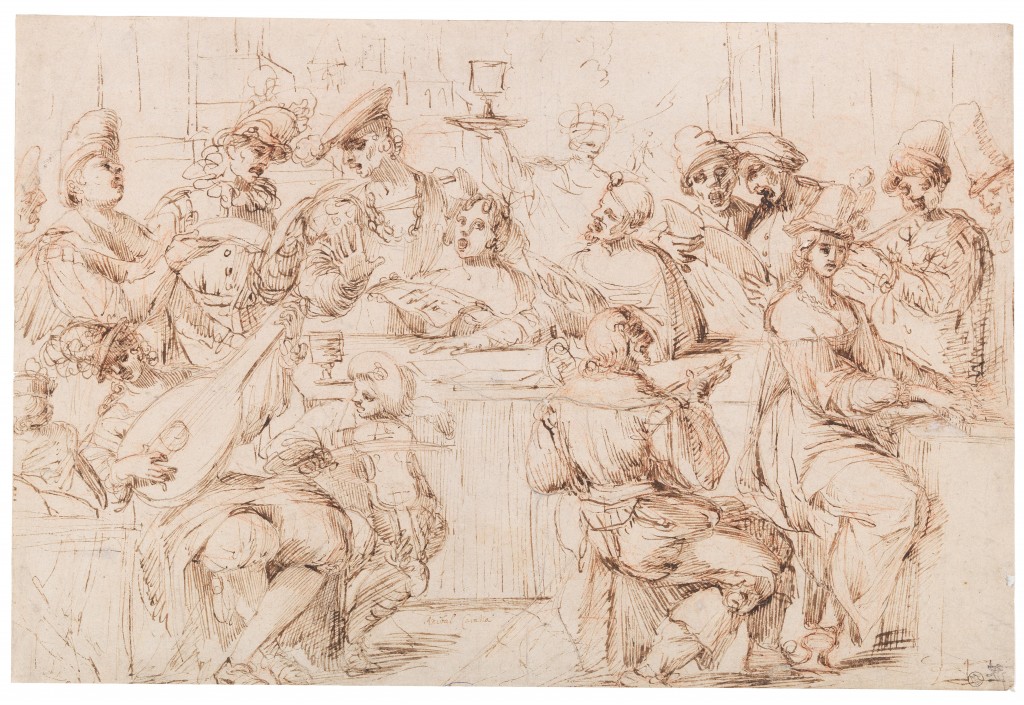 Francesco Brizio's drawing of a courtly company making music at a banquet. Signed Anibal Caracci. Estimate € 6,000 - 8,000