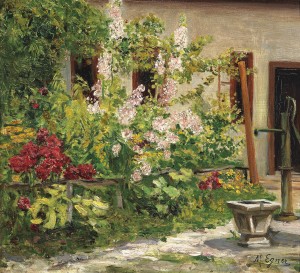 Marie Egner, „Vorgarten mit blühenden Stockrosen“
