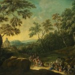 Johann Georg Platzer, „Die Begegnung zwischen Jacob und Esau in einer bewaldeten Landschaft, im Hintergrund eine Stadt“