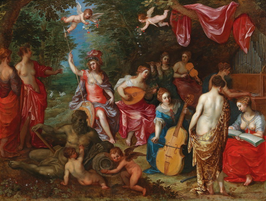 Hendrik van Balen I. und Jan Brueghel I., Minerva zu Besuch bei den neun Musen (Ovid, Met. V, 250-268)