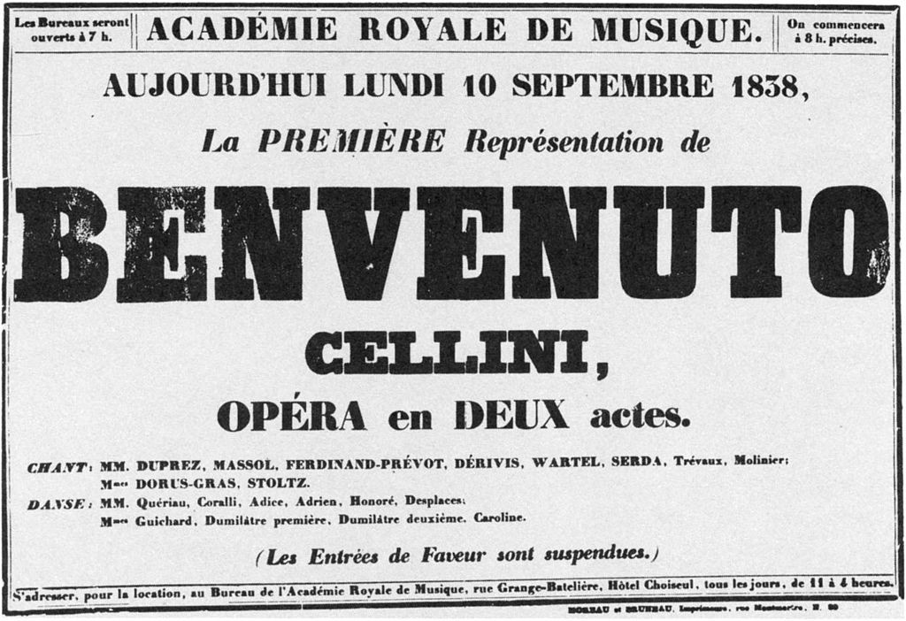 Poster zur Eröffnung der Oper „Benvenuto Cellini“ 1838