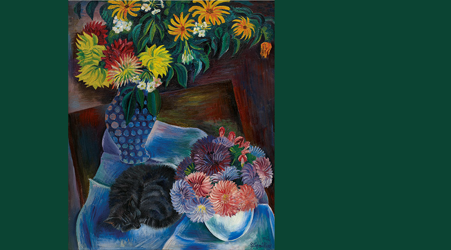 Cat art: Conrad Felixmüller, Katze mit Herbstblumen (cat with autumn flowers)