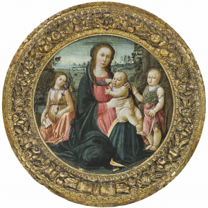 Jacopo del Sellaio (1441-1493), Madonna and Child with the Archangel Gabriel and the Infant Saint John the Baptist, tempera on panel, tondo, 83.3 cm, estimate € 250,000 – 300,000