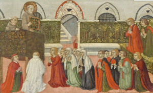 Sano di Pietro (1405-1481), The Preaching of Saint Bernardino, tempera on panel, 24.5 x 38.5 cm, estimate € 100,000 – 150,000