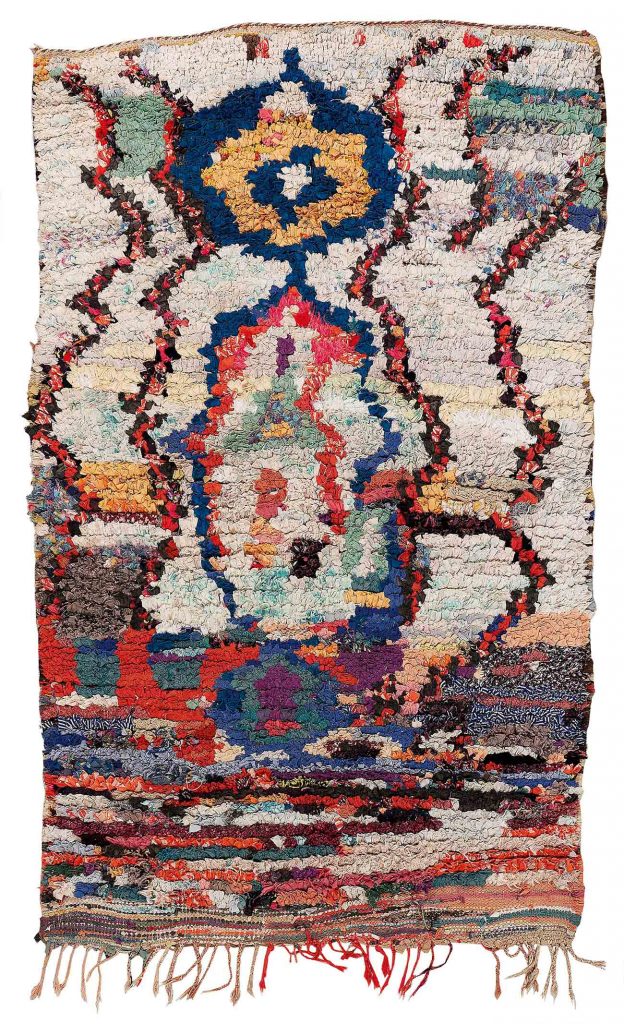 Boucherouite, Morocco, c. 210 x 135 cm, first half of the 20th century. These exceptional Berber carpets from the 1930s used to be made for personal use only, with a pattern featuring original Berber motifs, and a pile consisting of scraps of fabric, price realised € 1,397