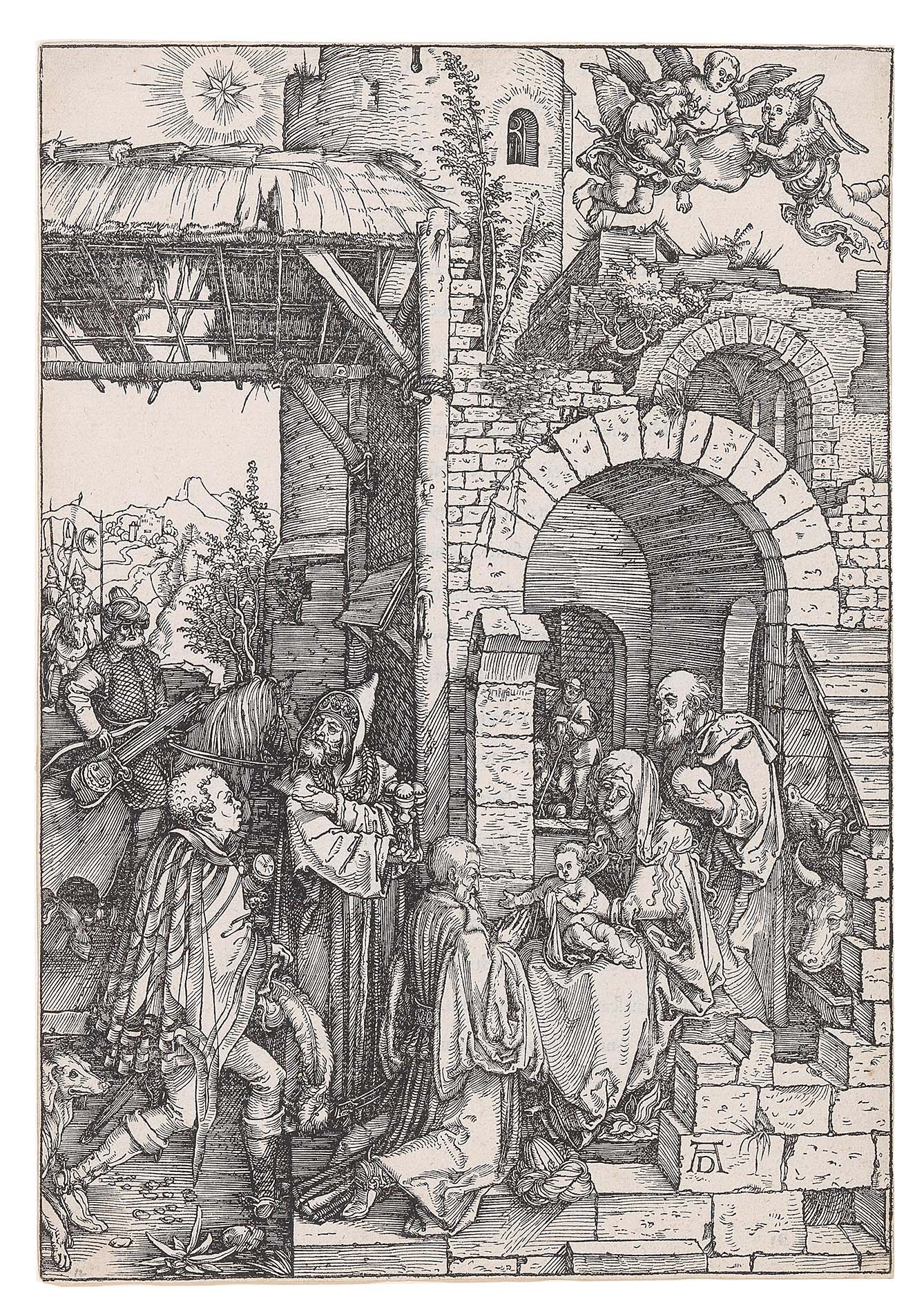 Albrecht Dürer, (Nürnberg 1471–1528), Die Anbetung der Könige, um 1503, Blatt 12 aus der “Großen Holzschnittpassion”, monogrammiert AD, Holzschnitt auf Bütten mit Wz “Bekrönter Turm” (Meder 259), 30,2 x 21 cm, Startpreis € 4.000