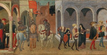 Florentiner Schule, 15. Jahrhundert, Die Gerechtigkeit Trajans, Tempera und Gold auf Holz, Schauseite eines Cassone, 63 x 183 cm (gesamt), 42 x 165 cm (bemalte Fläche), € 180.000 – 220.000