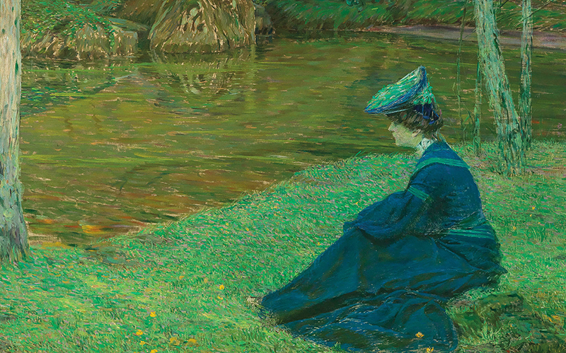 Maximilian Kurzweil (1867–1916) “Martha Kurzweil am Ufer in Pont-Aven” (“Weiher”), ca. 1900, Öl auf Leinwand, 112 x 201 cm, Schätzwert € 25.000 – 35.000