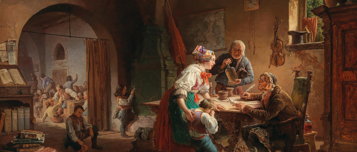 Eduard Ritter, Die Dorfschule, signiert, datiert E. Ritter 1845, Öl auf Holz, 65,5 x 79 cm, Schätzwert € 10.000 – 14.000
