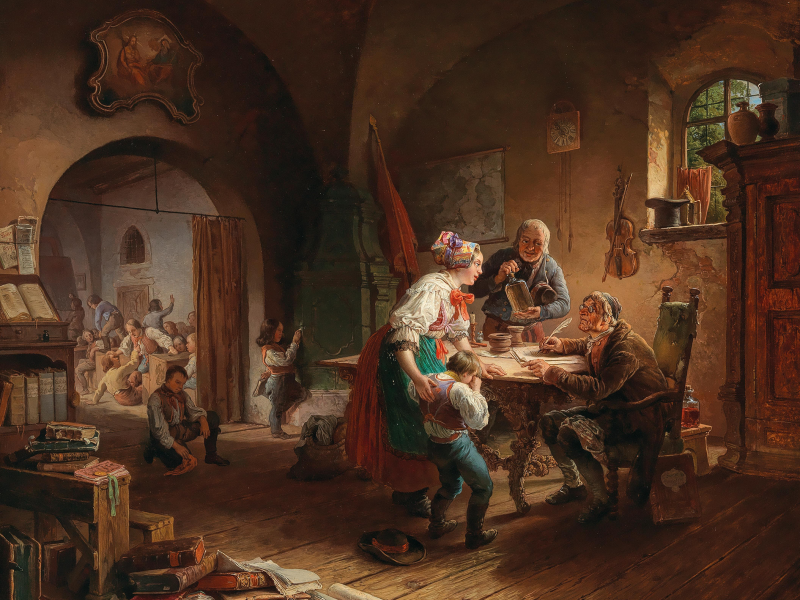 Eduard Ritter, Die Dorfschule, signiert, datiert E. Ritter 1845, Öl auf Holz, 65,5 x 79 cm, Schätzwert € 10.000 – 14.000