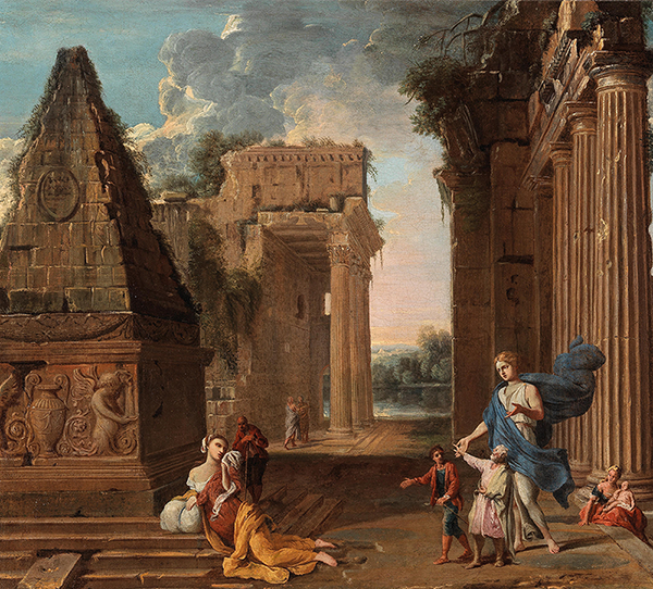 Roman School, 18th Century, A capriccio with figures amongst ruins, oil on canvas, 70.5 x 79 cm, estimate €6,000 – 8,000