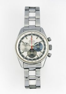 Zenith El Primero Chronograph Armbanduhr mit dreifärbigen Hilfszifferblättern, Referenz SP1205, um 1970, Schätzwert € 5.000 – 8.000, Auktion 3. Juni 2022