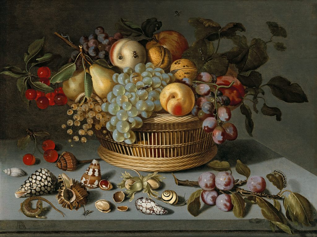 Ambrosius Bosschaert II. (1609 – 1641) Früchtekorb mit Muscheln, einer Eidechse und Insekten auf einer steinernen Tischplatte, Öl auf Holz, 37,5 x 49,5 cm Schätzwert € 200.000 – 300.000