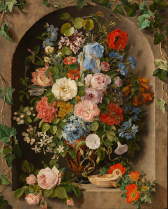 Pauline von Koudelka-Schmerling A large bouquet of flowers in a Greek vase with oil lamp