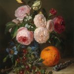 Adriana Johanna Haanen, Stillleben mit Blumen, Orangen, Rosen und Stachelbeeren, 1852, Öl auf Holz, 36 x 28 cm, Schätzwert € 5.000 – 7.000