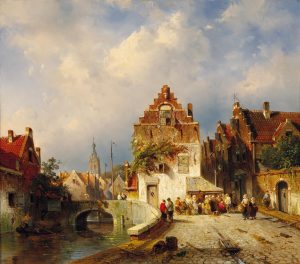 Charles Leickert, Dorfszene mit Brücke, 1855, Öl auf Holz, 37 x 43 cm, Schätzwert 12.000 – 18.000