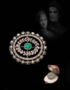 Diamant-Smaragd-Brosche, um 1895: ein Geschenk von Kaiserin Elisabeth von Österreich an ihre Enkelin Erzherzogin Elisabeth („Erszi“), erzielter Preis € 15.300
