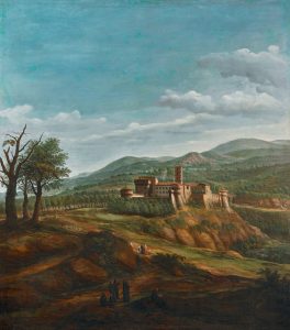 Gaspar van Wittel, genannt il Vanvitelli (1653–1736) Die Abtei San Nilo in Grottaferrata mit Mönchen im Gespräch, dahinter der Monte Cavo und das Dorf Rocca di Papa, Öl auf Leinwand, 200 x 175 cm, Schätzwert € 80.000 – 120.000