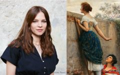 Portrait von Ana Marwan und Gemälde "Neugierde" von Eugen von Blaas
