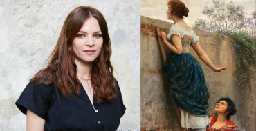 Portrait von Ana Marwan und Gemälde "Neugierde" von Eugen von Blaas
