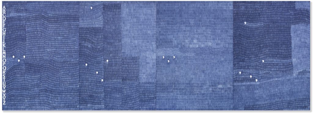 Alighiero Boetti, Non parto non resto, um 1981, blauer Kugelschreiber auf Papier, vier Elemente, 102 x 288 cm (gesamt), 102 x 72 cm (je Element), Schätzwert € 400.000 – 600.000