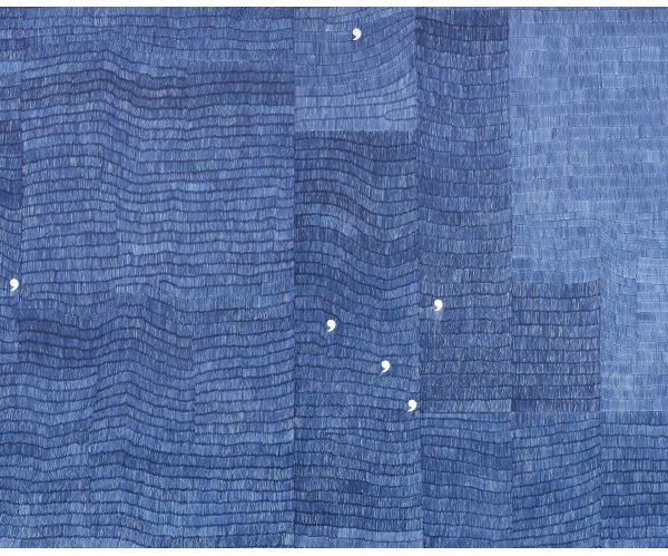Alighiero Boetti, Non parto non resto, um 1981, blauer Kugelschreiber auf Papier, vier Elemente, 102 x 288 cm (gesamt), 102 x 72 cm (je Element), Schätzwert € 400.000 – 600.000