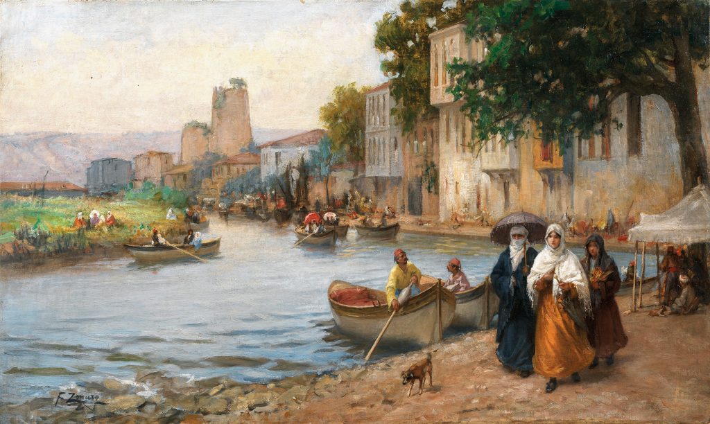Fausto Zonaro (1854–1929), Sonntag auf der Promenade in Göksu, Öl auf Leinwand, 42 x 70,5 cm, Schätzwert € 100.000 – 150.000