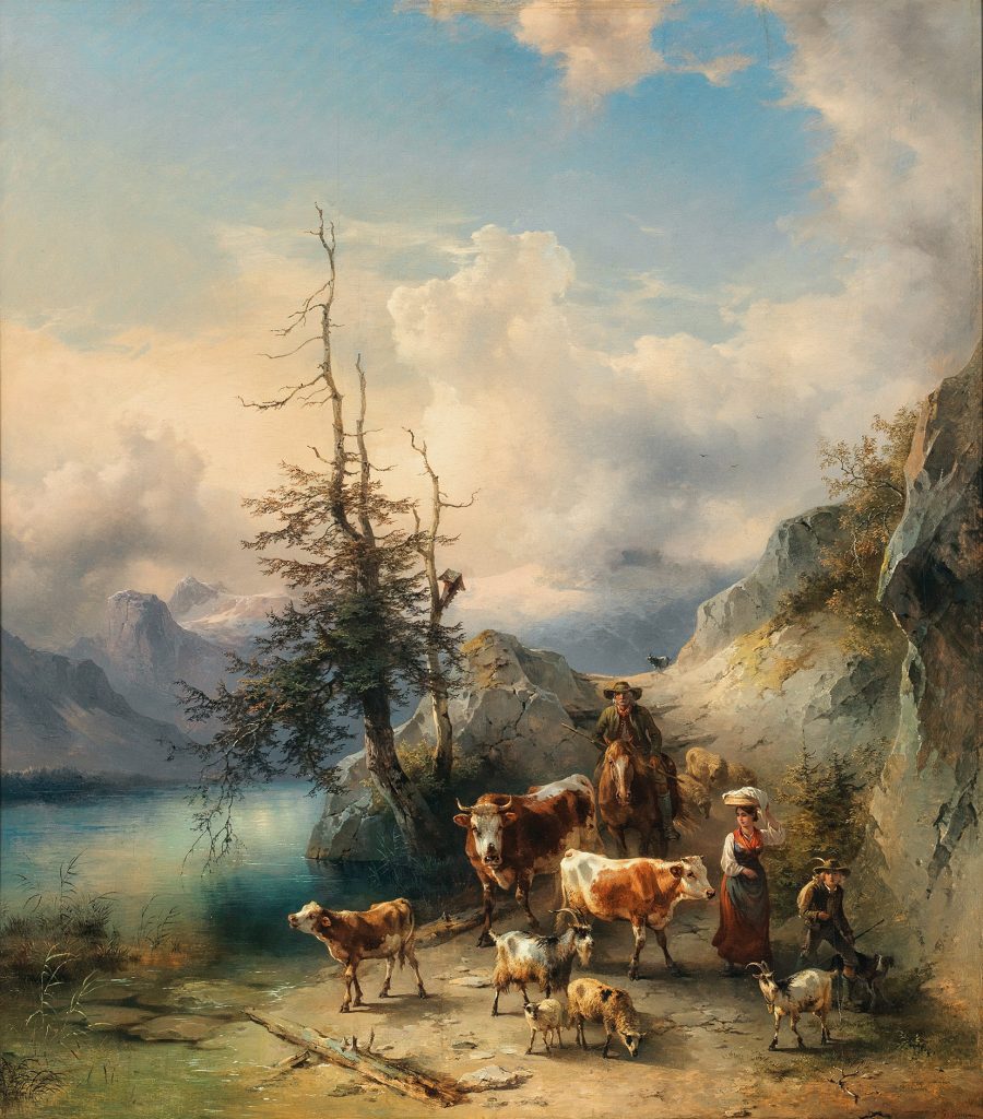Friedrich Gauermann, The Return of the Herd from the High Pastures (The Dachstein Mountains seen from Altaussee), c. 1855, oil on wood, 77.3 x 68 cm, estimate €90,000 – 140,000