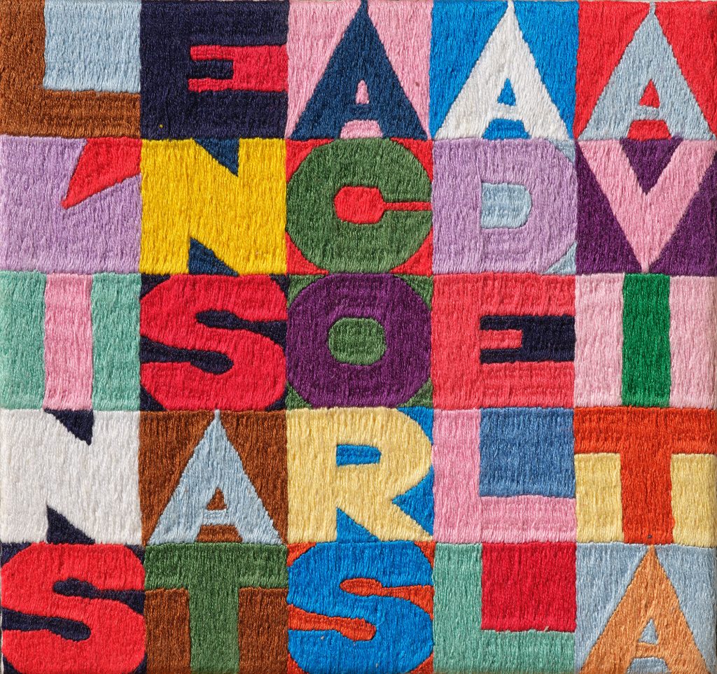 Alighiero Boetti, L’insensata corsa della vita, 1989, embroidery on canvas, 20.5 x 21 cm, estimate €30,000 – 40,000