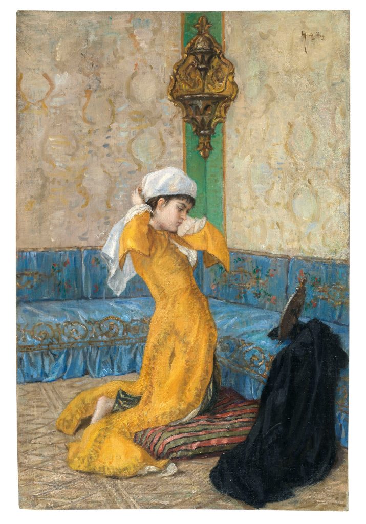 Osman Hamdi Bey (1842–1910), Ein Blick in den Spiegel, Öl auf Leinwand auf Holz, 68 x 45 cm, Schätzwert € 1.000.000 – 1.400.000