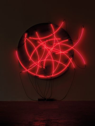 François Morellet, Lunatique neonly - 16 quarts de cercle n°5, 2005, canvas steched on board with neon, 212 x 245 cm (overall), estimate €80,000 – 120,000