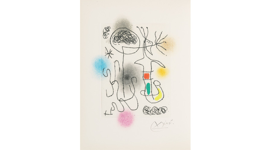 Joan Miró, Lena Leclercq: Midi le trèfle blanc, 1968 Buch, mit eingebundener Radierung in Farbe auf Velin, signiert Nr. 77/88, Plattenmaße 14,8 x 11 cm, Dupin 455, Rufpreis € 3.400