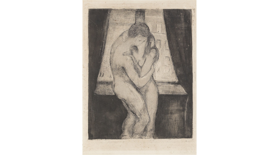 Edvard Munch, Der Kuß, 1895, Radierung mit Kaltnadel, Polierstahl und Flächenätzung auf Bütten, signiert und datiert bezeichnet „N 6 avant lettre“, Plattenmaße 34,5 x 27,6 cm Schiefler 22, Woll 23, erzielter Preis € 65.000