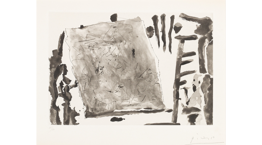 Pablo Picasso, Peintre e modèle avec une grande toile (Dans le Atelier), 1965, Aquatinta und Kaltnadel auf Velin, signiert Nr. 35/50, Plattenmaße 22 x 32 cm, Bloch 1216, Baer 1198 B b 1, Rufpreis € 6.000