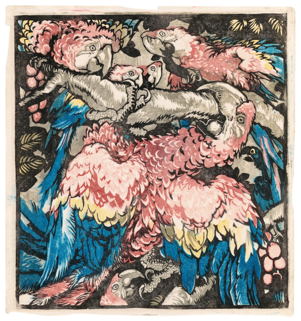 Ludwig Heinrich Jungnickel, "Papageienwald", 1914, Holzschnitt in Farbe auf festem Japan, Startpreis € 3.800