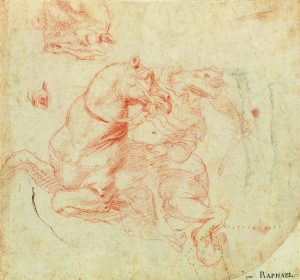 Raffaello Sanzio, called Raphael (Urbino 1483–1520 Rome) Study for the Battle of the Milvian Bridge: a rider on horseback and a horse’s head and eye, red chalk and pen on paper, 22 x 24 cm