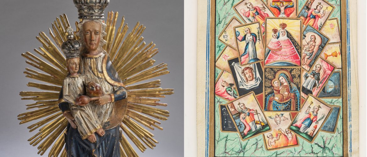 links: Mariazeller Gnadenmadonna mit barocken Silberkronen, Ende 18. Jh., Gesamthöhe 66,5 cm, Startpreis € 800, rechts: Seltenes Andachtsbild aus Mariazell, um 1800, 13,4 x 9,1 cm, Startpreis € 180