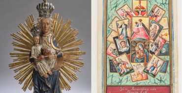 links: Mariazeller Gnadenmadonna mit barocken Silberkronen, Ende 18. Jh., Gesamthöhe 66,5 cm, Startpreis € 800, rechts: Seltenes Andachtsbild aus Mariazell, um 1800, 13,4 x 9,1 cm, Startpreis € 180