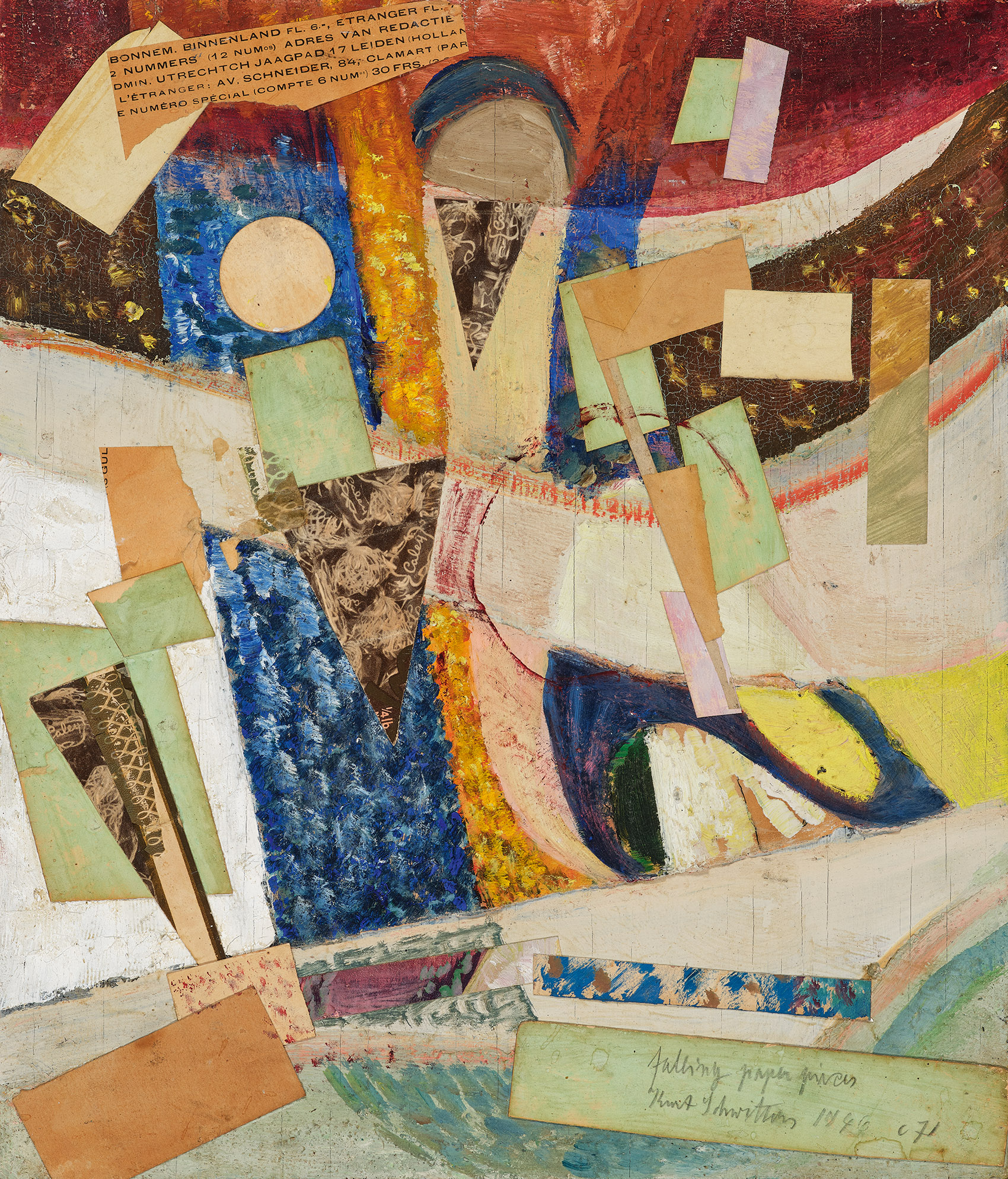 Kurt Schwitters, c 71 Fallende Papierstücke, 1946 Assemblage, Öl, Pappe, Papier, Holz auf Holz, 33 x 28 cm, Schätzwert € 150.000 – 200.000
