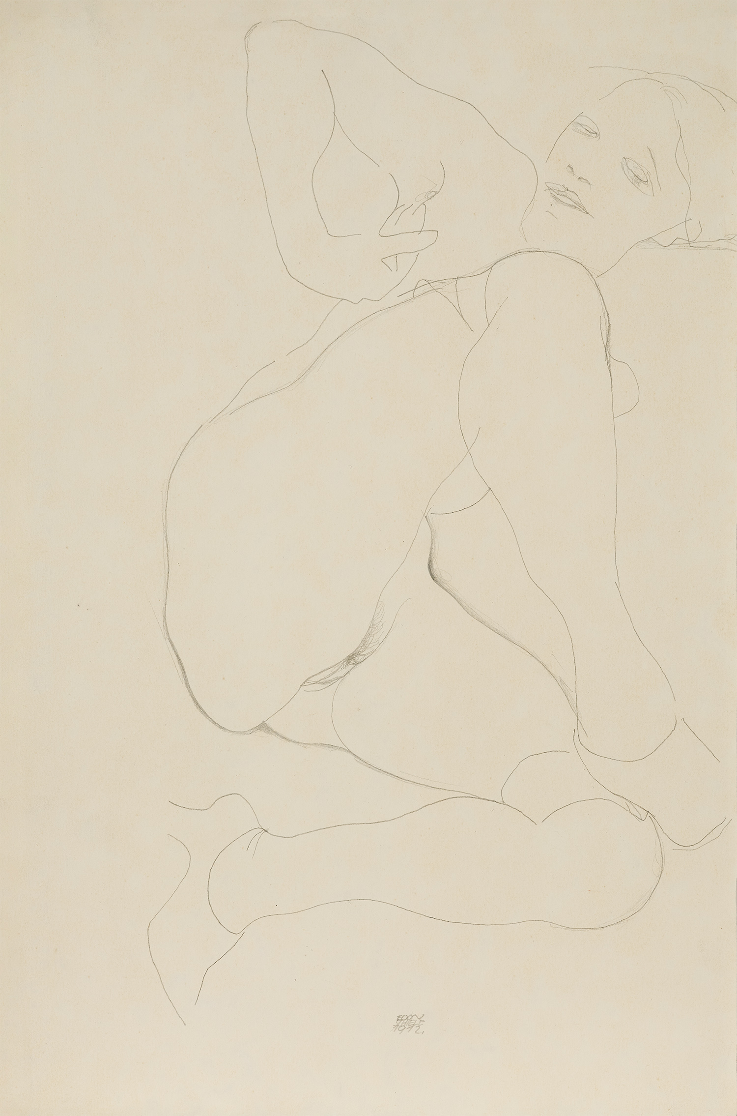 138_88095_6_nach Restaurierung-BGL Egon Schiele Liegender weiblicher Akt mit angewinkelten Beinen, 1912 Bleistift auf Papier, 48,2 x 32 cm Schätzwert € 70.000 – 100.000