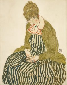 Egon Schiele, Edith Schiele in gestreiftem Kleid, sitzend, 1915 © Leopold Museum, Wien, Foto: Leopold Museum, Wien