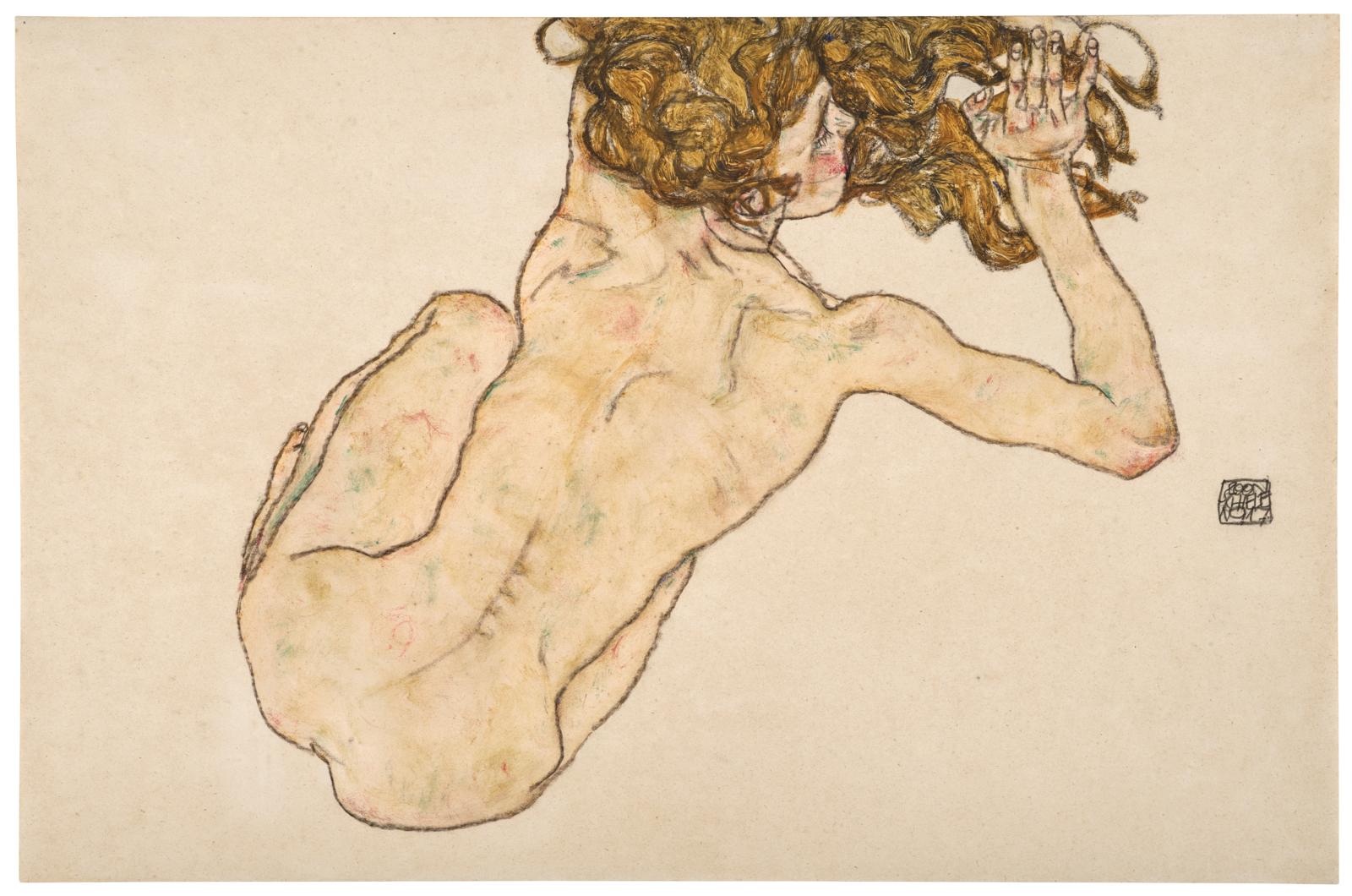 1380874940001 Egon Schiele Kauernder weiblicher Akt, Rückenansicht, 1917 Gouache und Bleistift auf Papier, 29,5 x 45 cm Schätzwert € 1.800.000 – 2.500.000