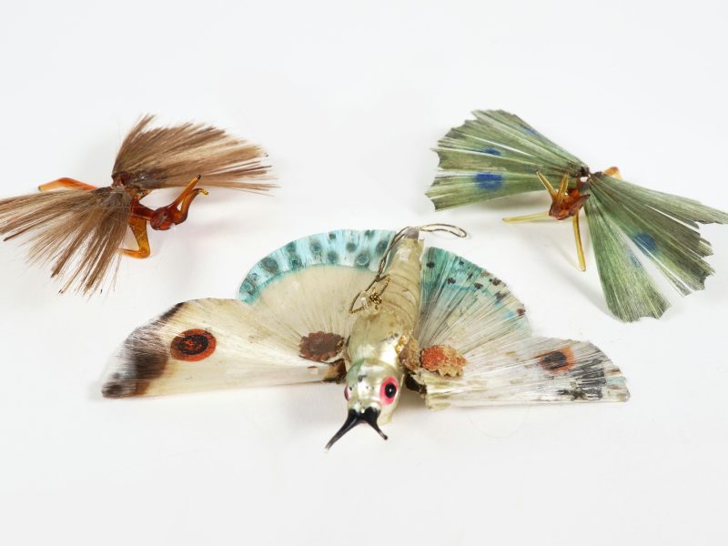 3 Schmetterlinge mit Glasseidenflügel, tlw. bemalt, Lauscha, 1920er Jahre, Startpreis € 90